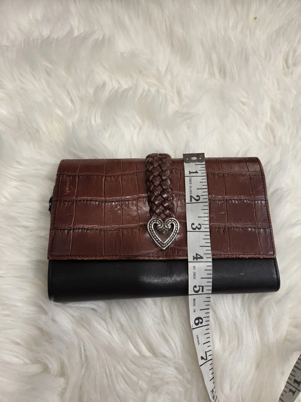 VTG Brighton Leather Black Brown Trifold Wallet Braided Leather Details Hearts